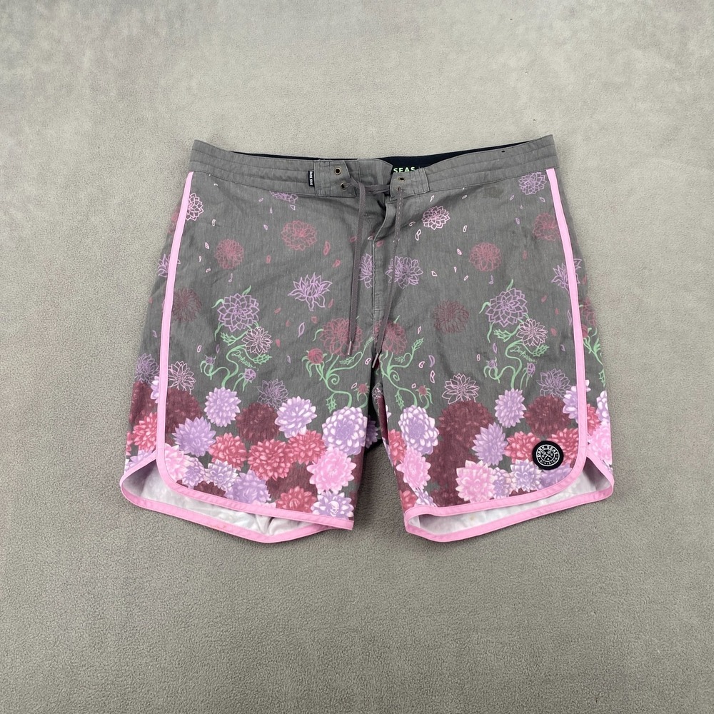 Dark Seas Swim Trunks Mens 36 Gray Pink Floral Stretch Drawstring Surfing Beach